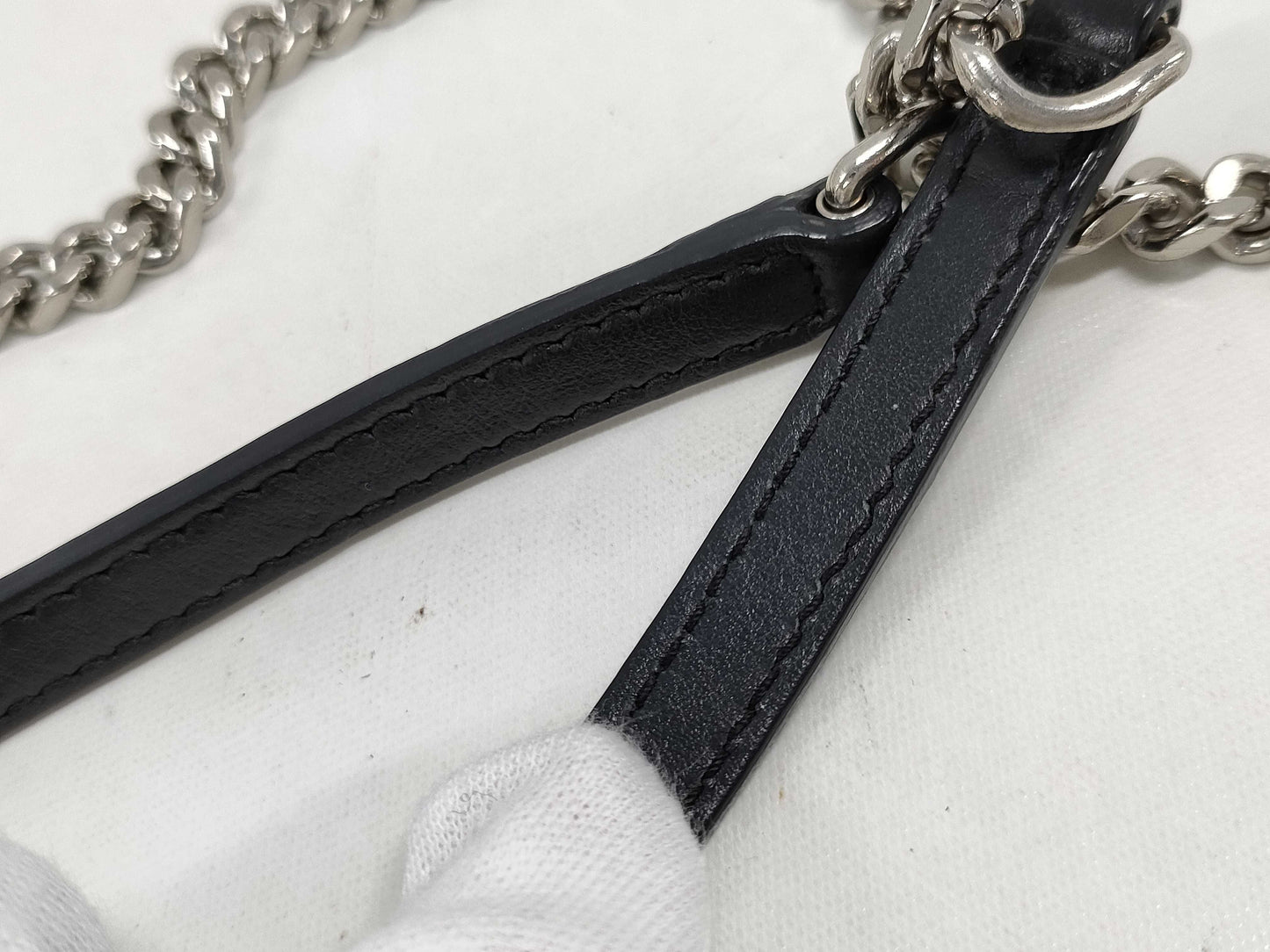 SAINT LAURENT Cassandra Envelope Stud Chain Wallet in Black Calfskin with Silver Hardware. Shoulder Bag.