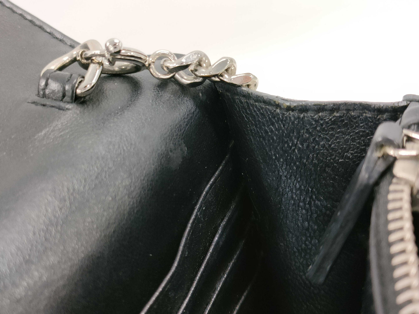 SAINT LAURENT Cassandra Envelope Stud Chain Wallet in Black Calfskin with Silver Hardware. Shoulder Bag.