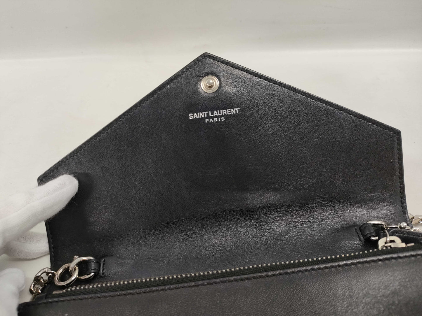 SAINT LAURENT Cassandra Envelope Stud Chain Wallet in Black Calfskin with Silver Hardware. Shoulder Bag.