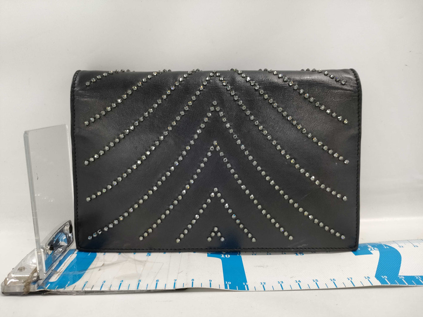 SAINT LAURENT Cassandra Envelope Stud Chain Wallet in Black Calfskin with Silver Hardware. Shoulder Bag.