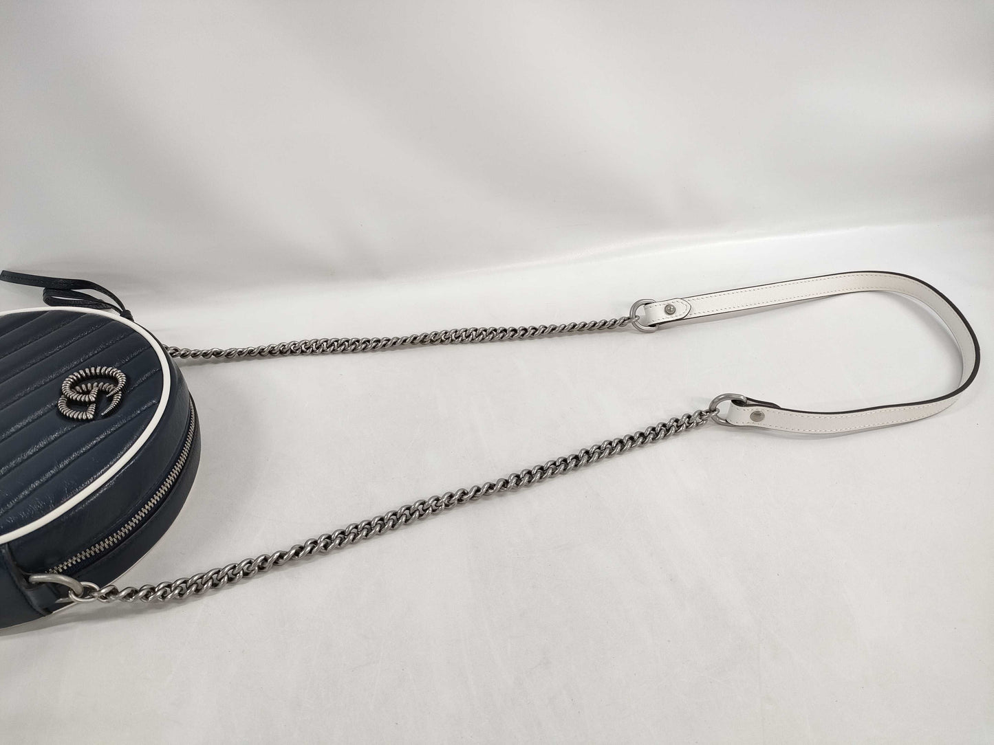 GUCCI GG Marmont Round Shoulder Bag in Navy and White Leather