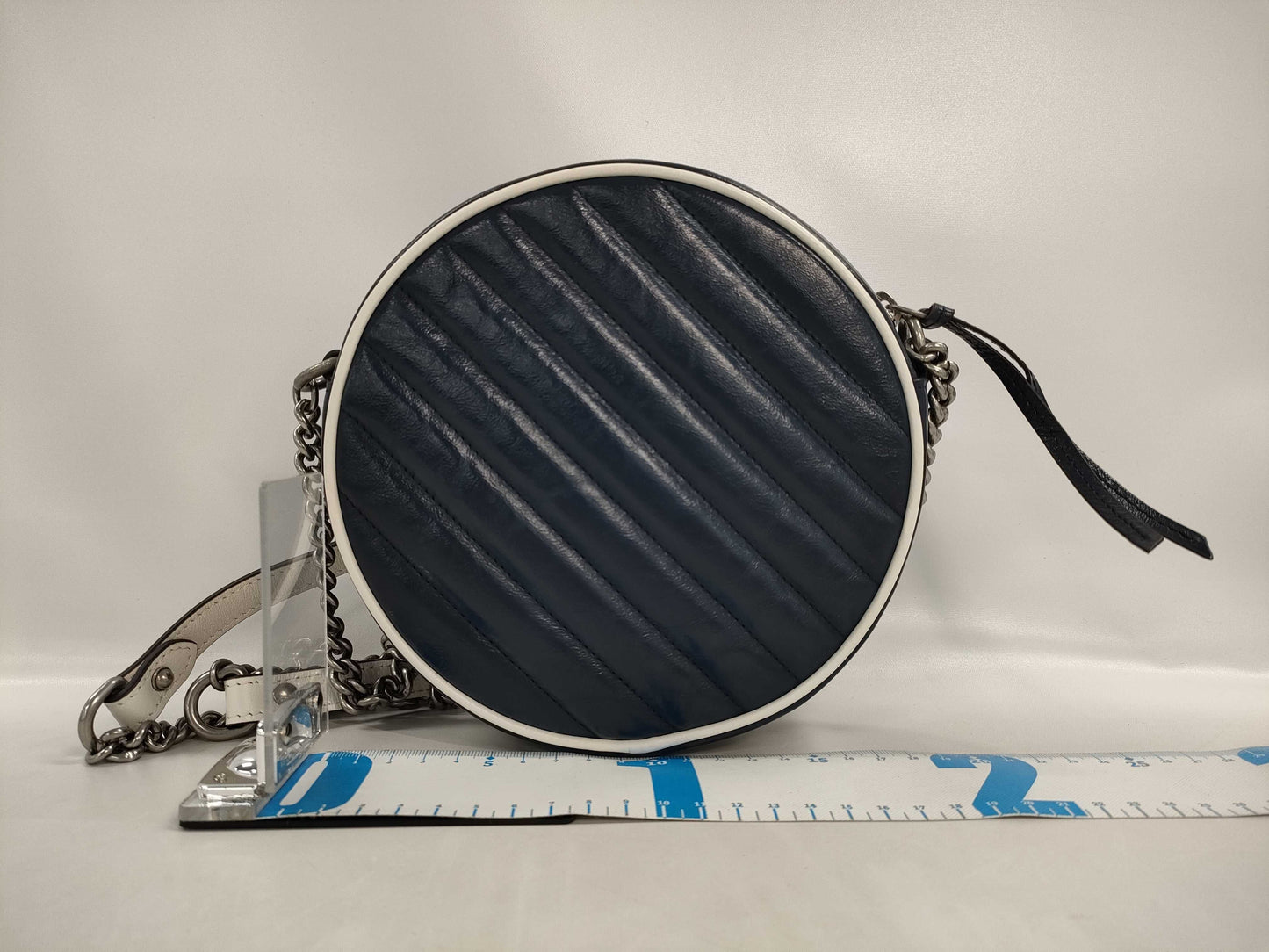 GUCCI GG Marmont Round Shoulder Bag in Navy and White Leather