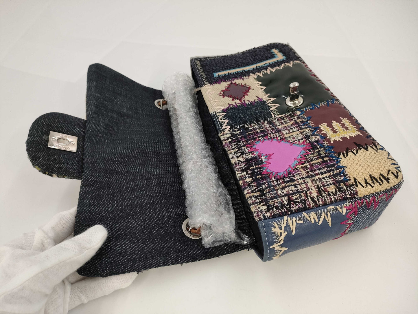 CHANEL Chain Shoulder Bag Patchwork Denim Tweed Leather Multicolor Silver Hardware 16 Series Shoulder Bag