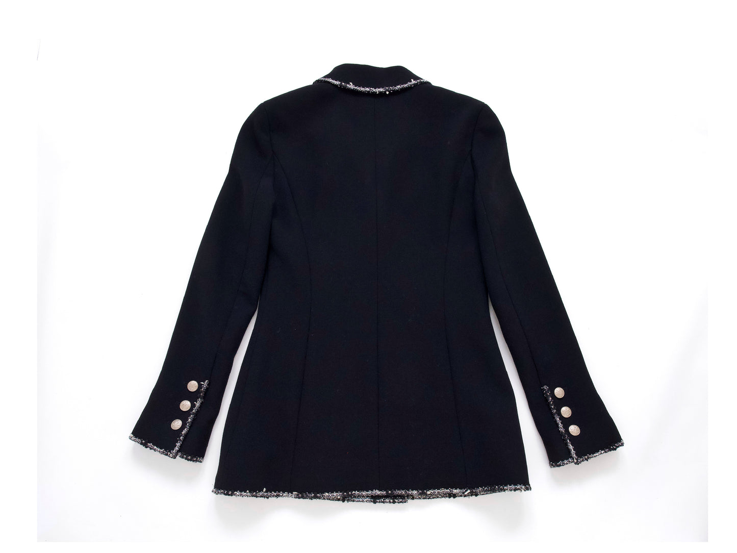 CHANEL 05C Trimmed Double Tweed Jacket, Size 36, Black, Anne Hathaway Jacket