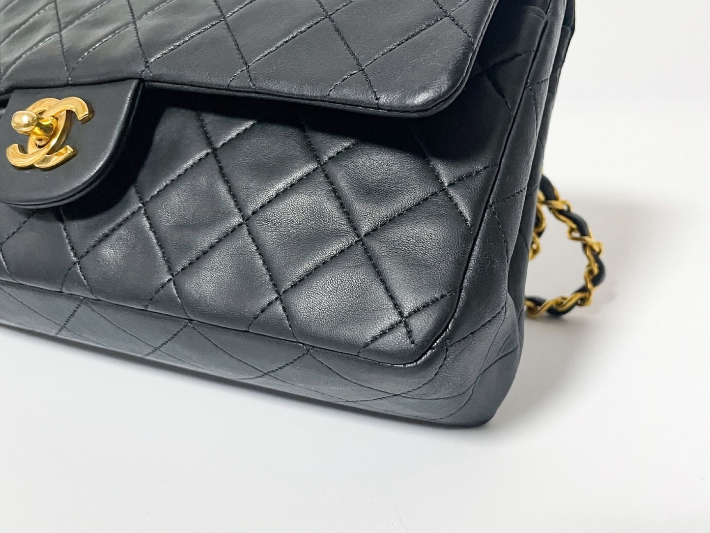 CHANEL Double Flap Matelasse Black Lambskin Shoulder Bag with Seal