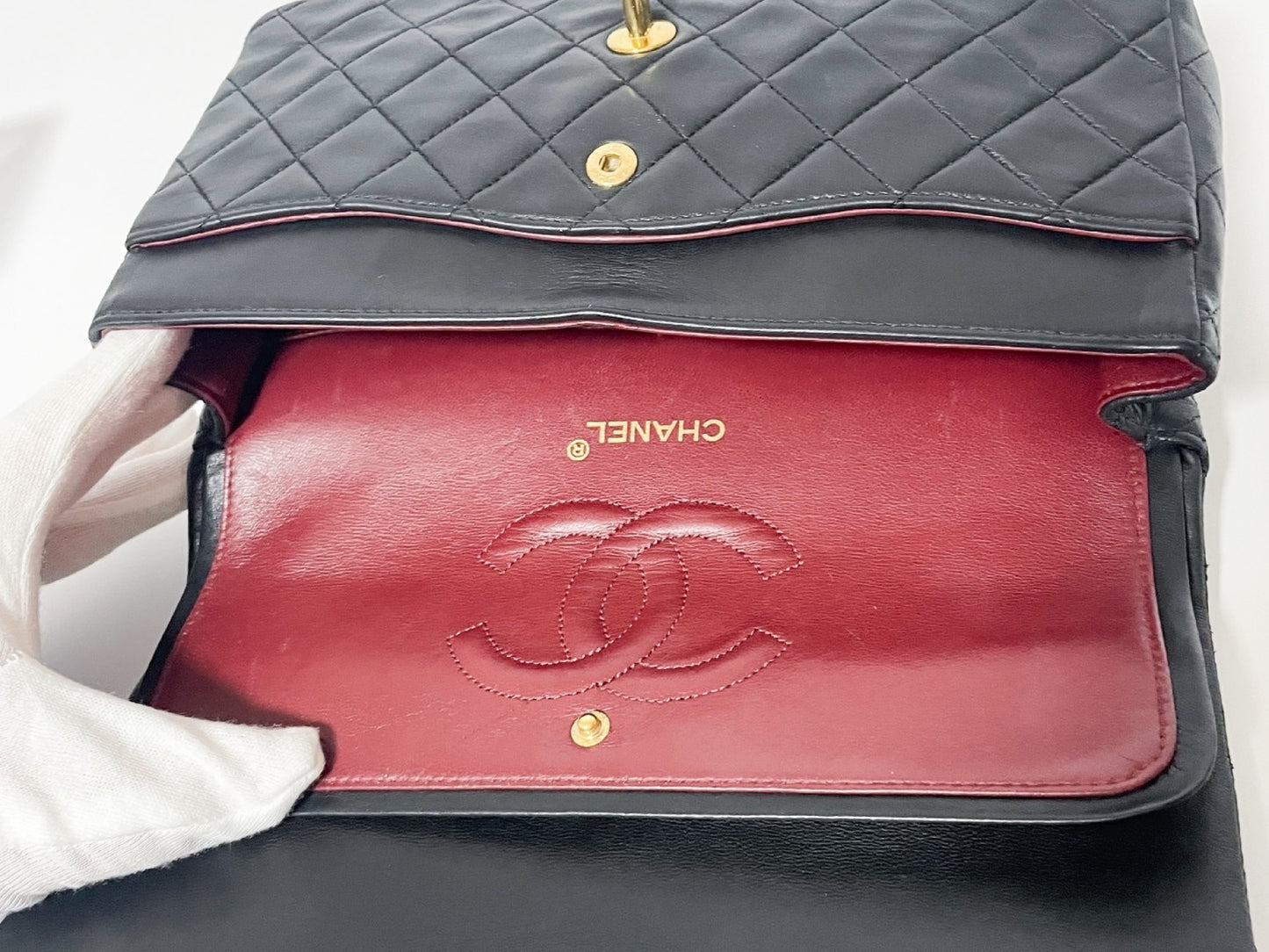 CHANEL Double Flap Matelasse Black Lambskin Shoulder Bag with Seal