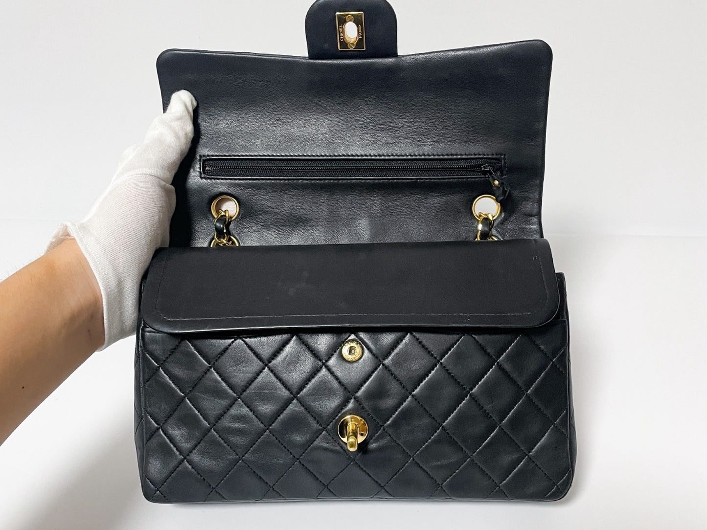 CHANEL Double Flap Matelasse Black Lambskin Shoulder Bag with Seal