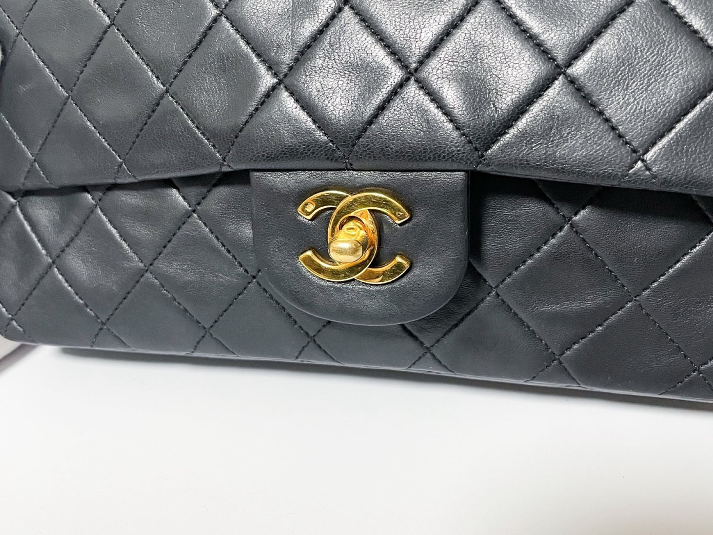 CHANEL Double Flap Matelasse Black Lambskin Shoulder Bag with Seal