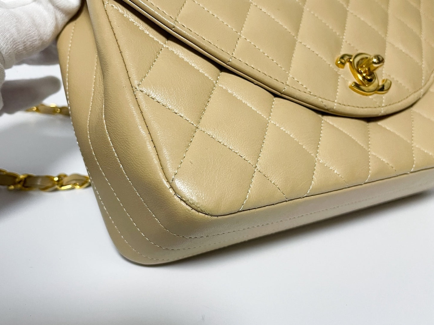 CHANEL Half Moon Matelasse Lambskin Beige Shoulder Bag with Seal