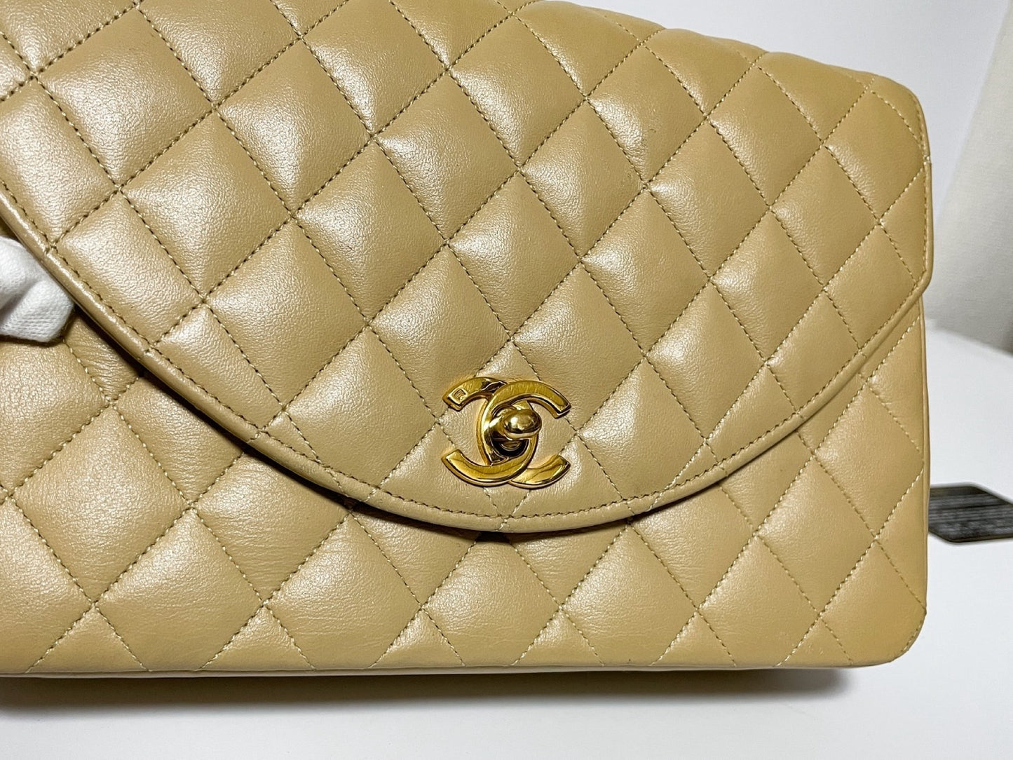 CHANEL Half Moon Matelasse Lambskin Beige Shoulder Bag with Seal