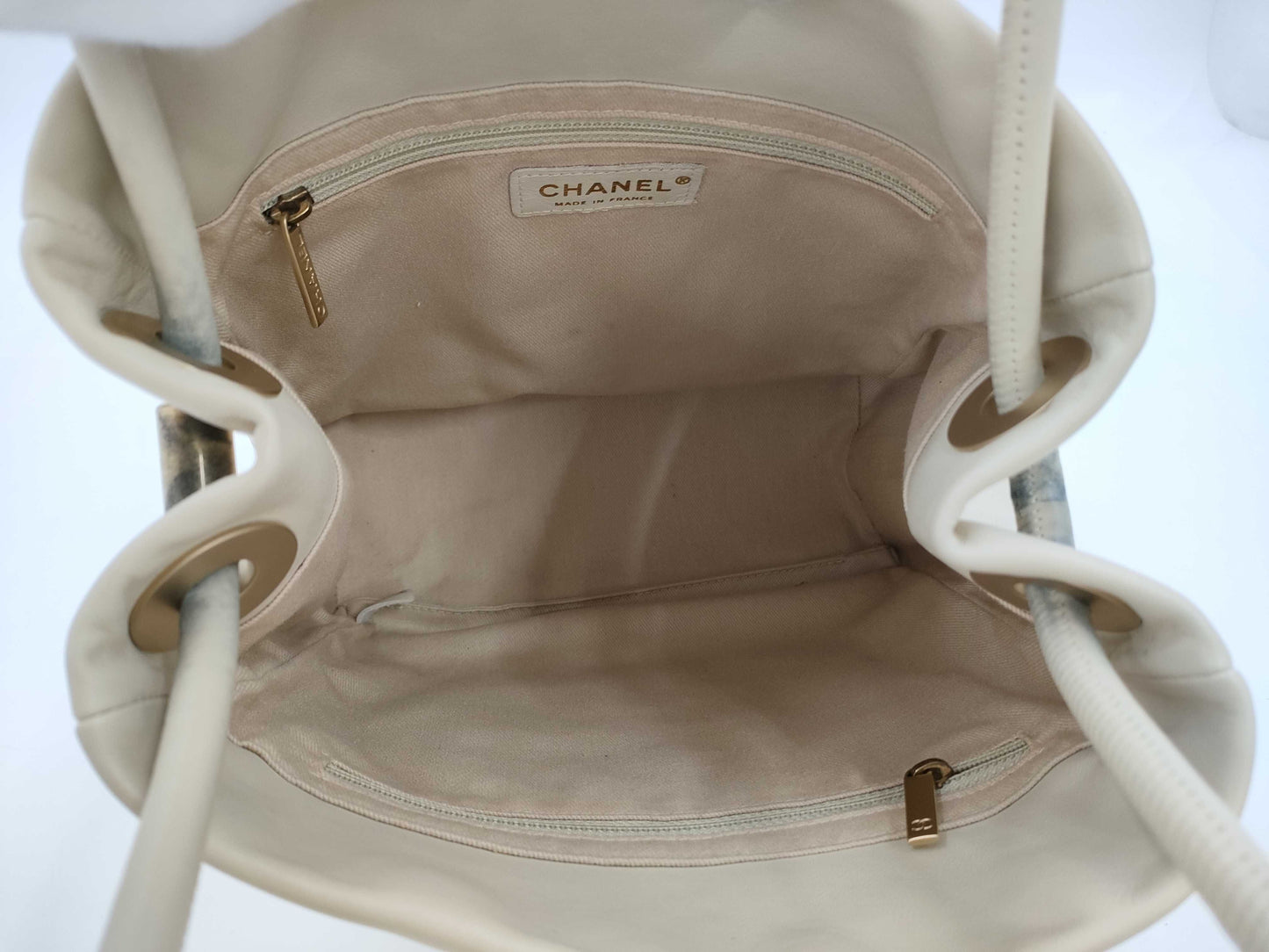 CHANEL Camellia Lambskin Tote Bag in White with CHANEL Logo Sticker