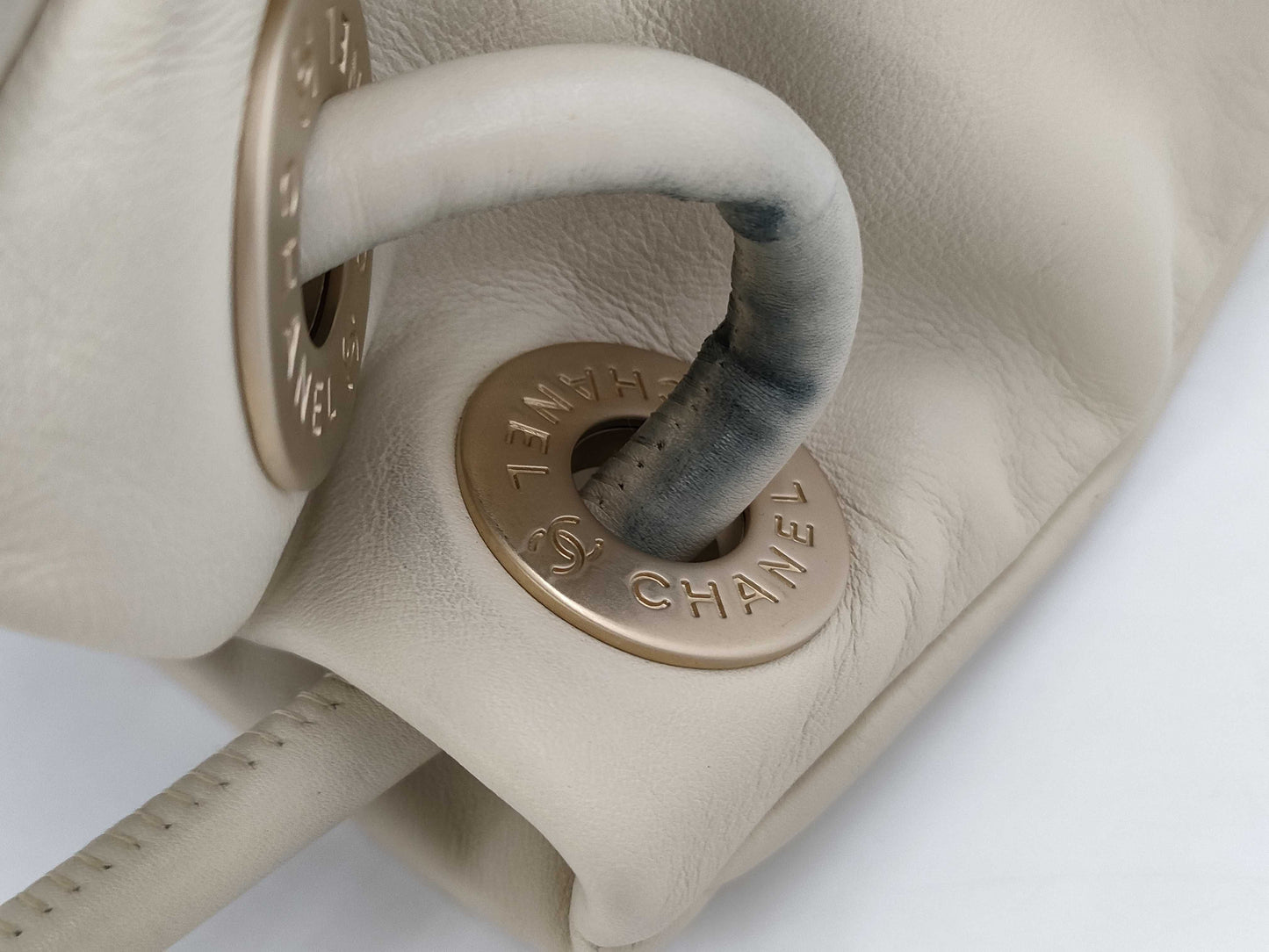 CHANEL Camellia Lambskin Tote Bag in White with CHANEL Logo Sticker