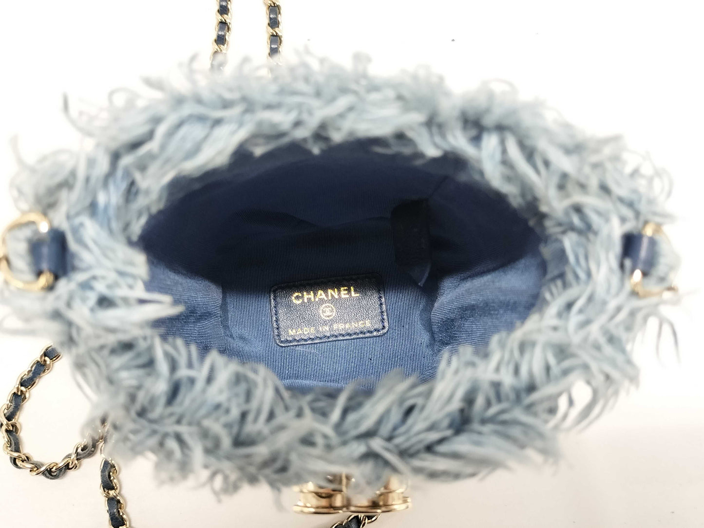 CHANEL Denim Indigo Blue Mini Bucket Chain Shoulder Bag with Coco Mark AP2603