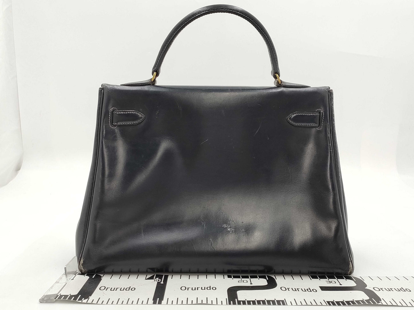 HERMES Kelly 32 Box Calf Navy Cadena Crochet Handbag with Engraved T