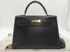 HERMES Kelly 32 Box Calf Leather Black with Storage Bag, Cadena Cloche, and Key, Small Handbag