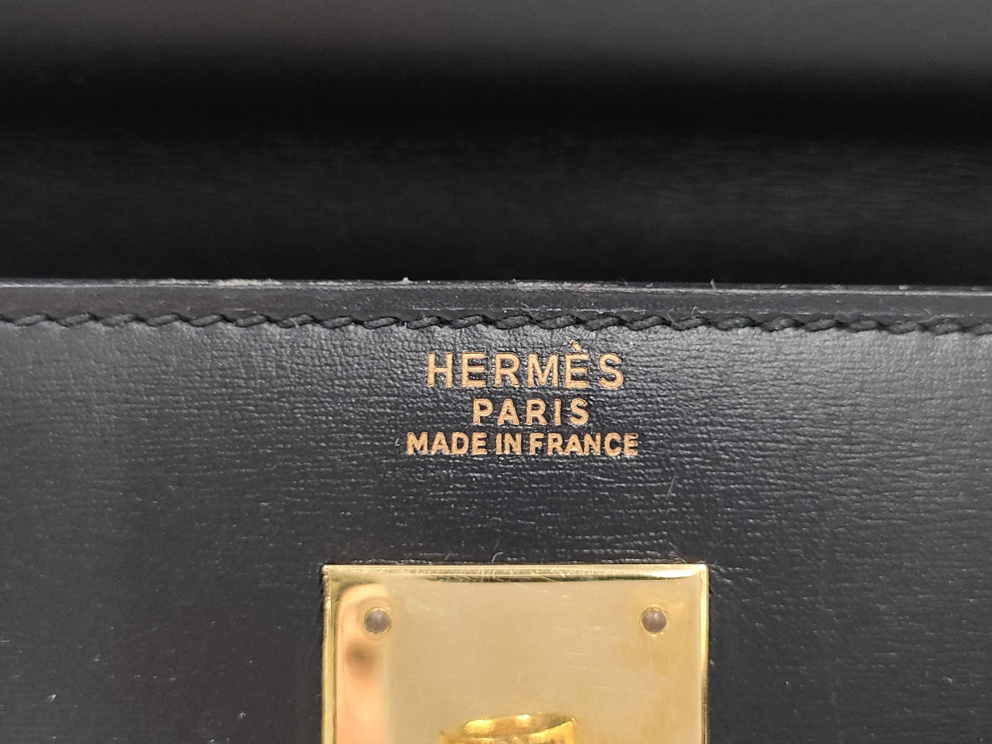 HERMES Kelly 32 Box Calf Leather Black with Storage Bag, Cadena Cloche, and Key, Small Handbag