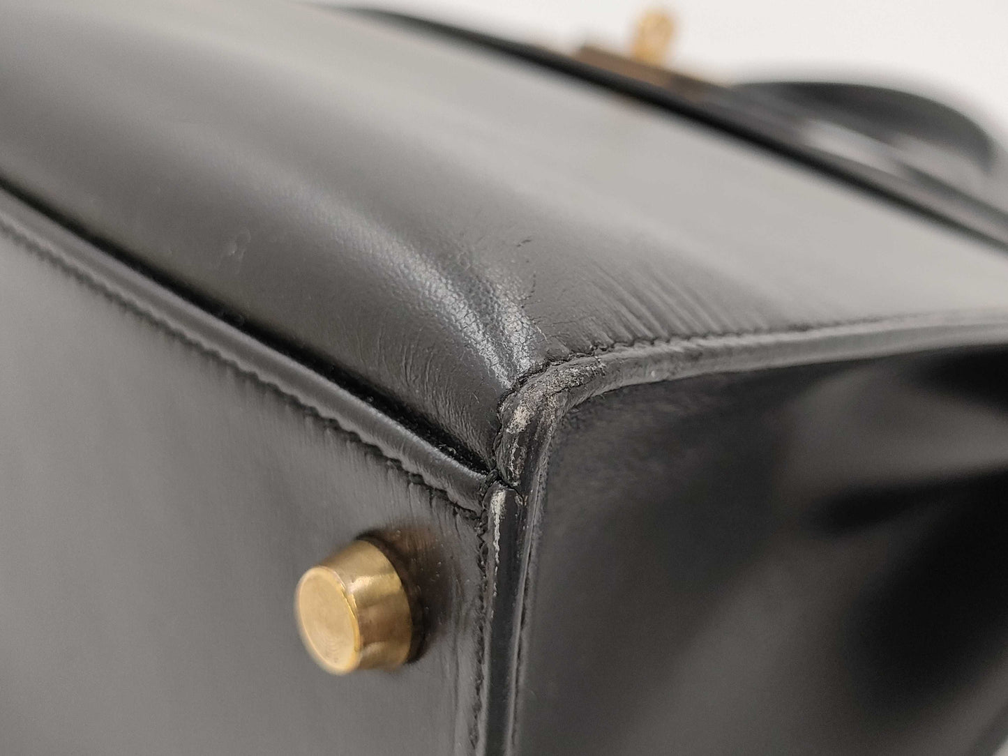 HERMES Kelly 32 Box Calf Leather Black with Storage Bag, Cadena Cloche, and Key, Small Handbag