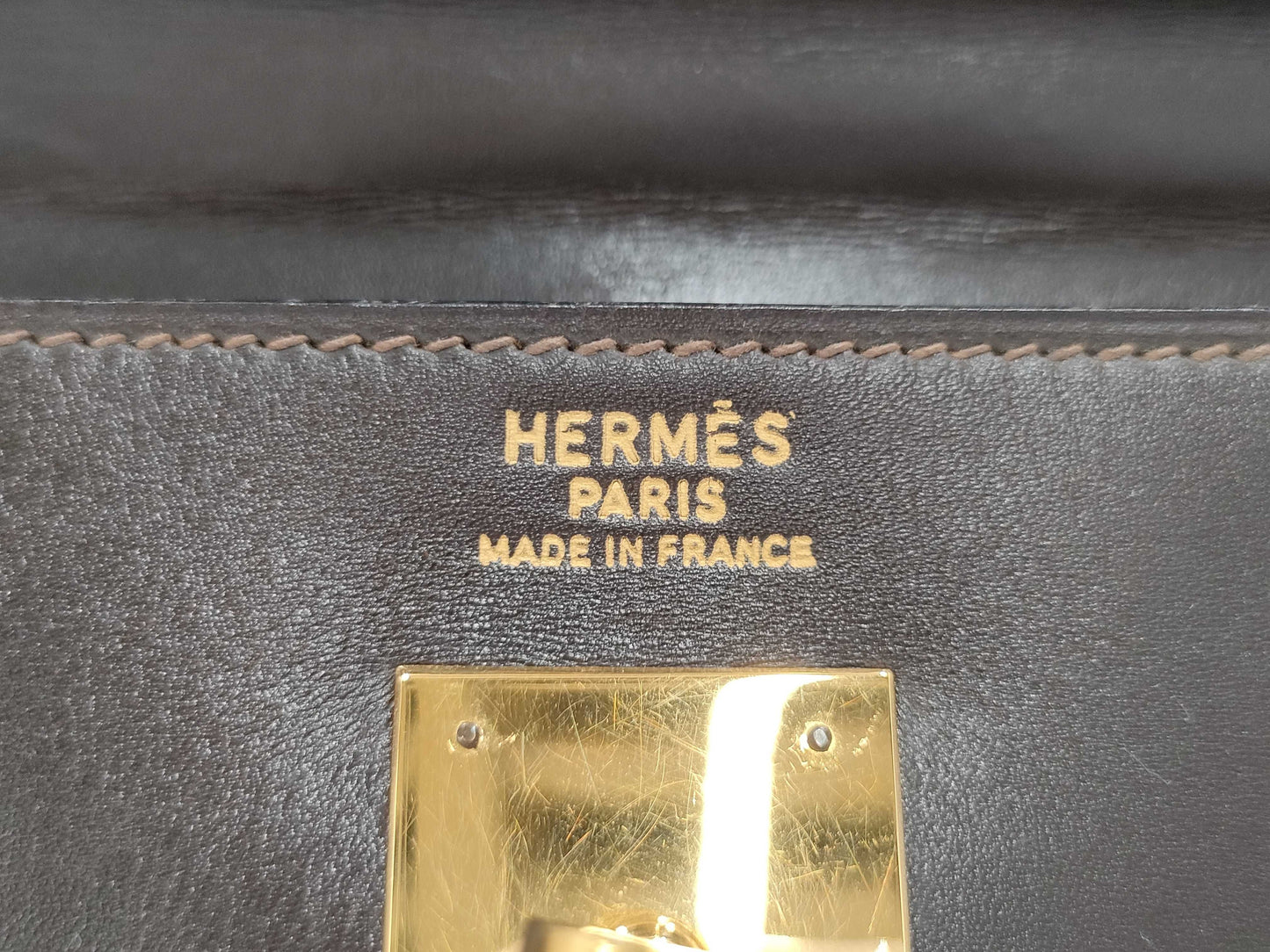 HERMES Kelly 35 Handbag, Inner Stitched Box Calf Leather, Brown, H Stamp