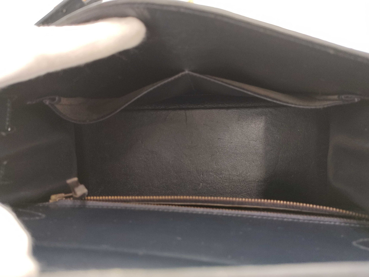 HERMES Kelly 28 Box Calfskin Navy with ST Cadena Crochet, Medium Handbag