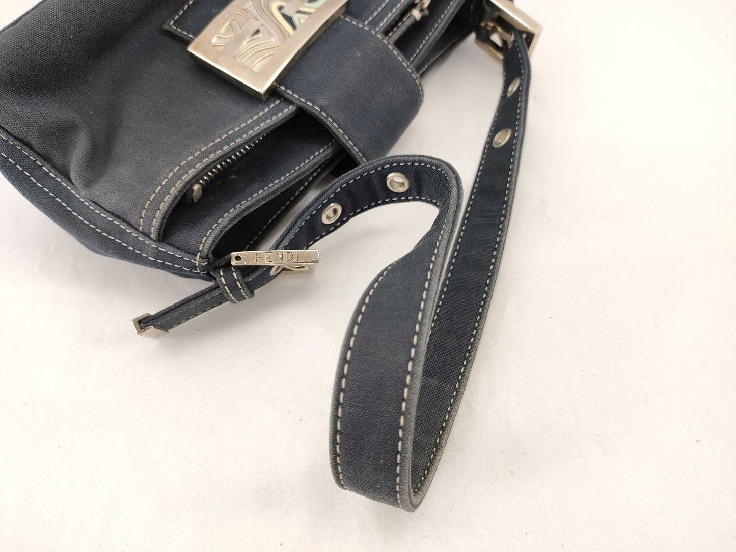 FENDI Mamma FENDI Canvas Baguette Blue Shoulder Bag