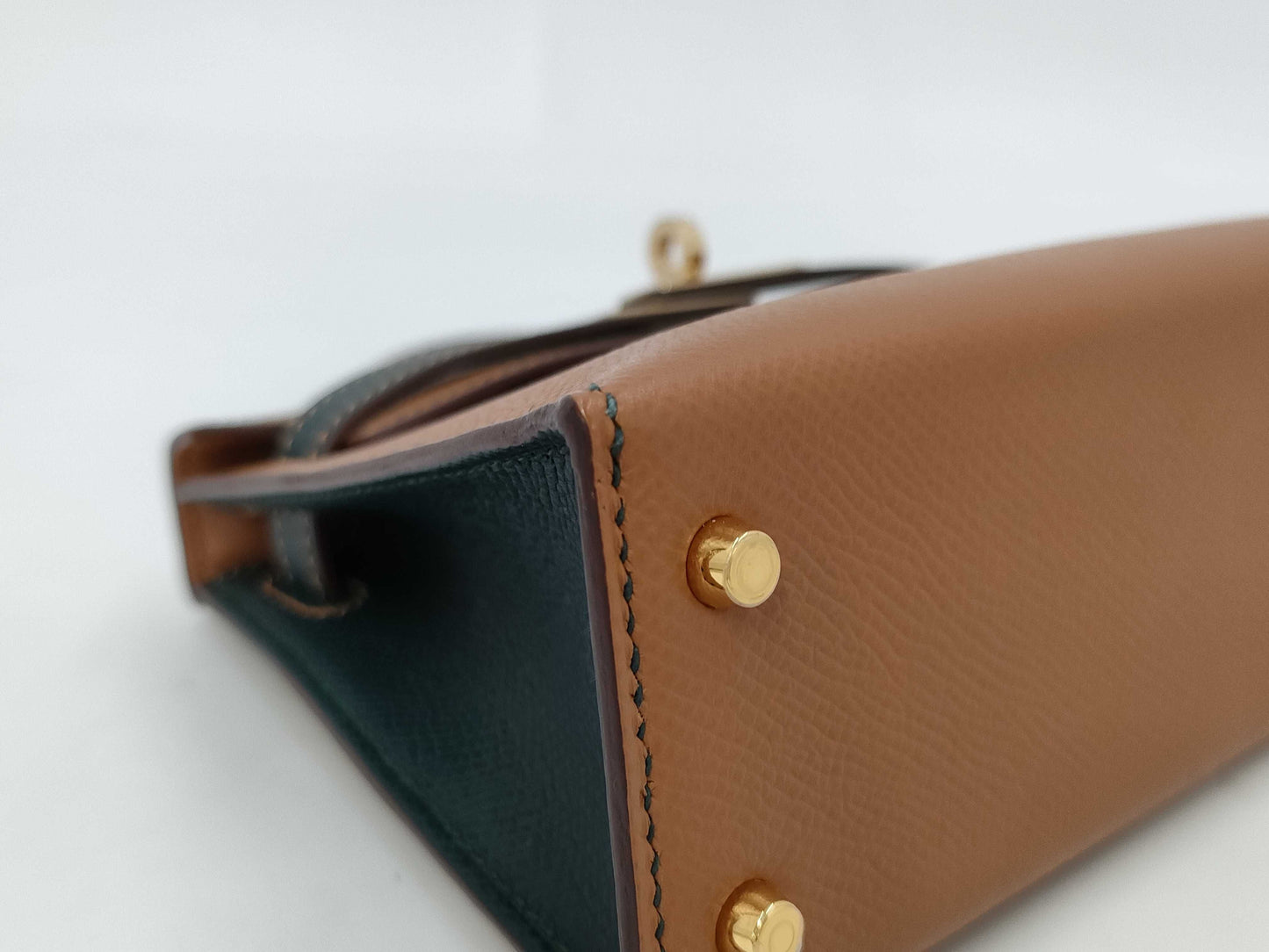 HERMES Mini Kelly Gold/Vert Chypre Epson U-stamped Handbag