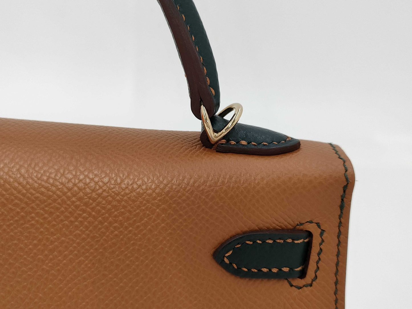 HERMES Mini Kelly Gold/Vert Chypre Epson U-stamped Handbag