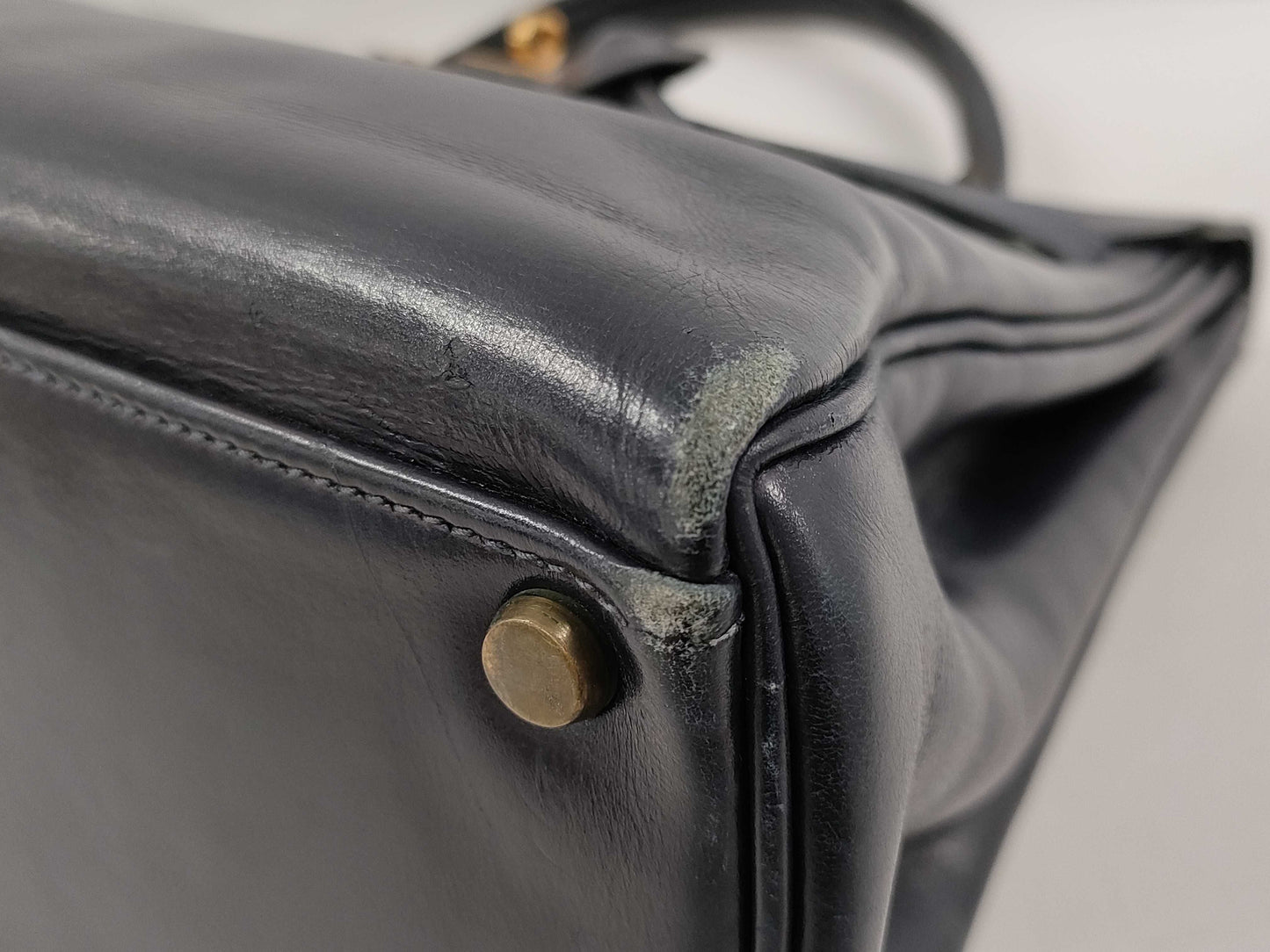 HERMES Kelly 32 Inner-stitched Box Calf Handbag in Navy
