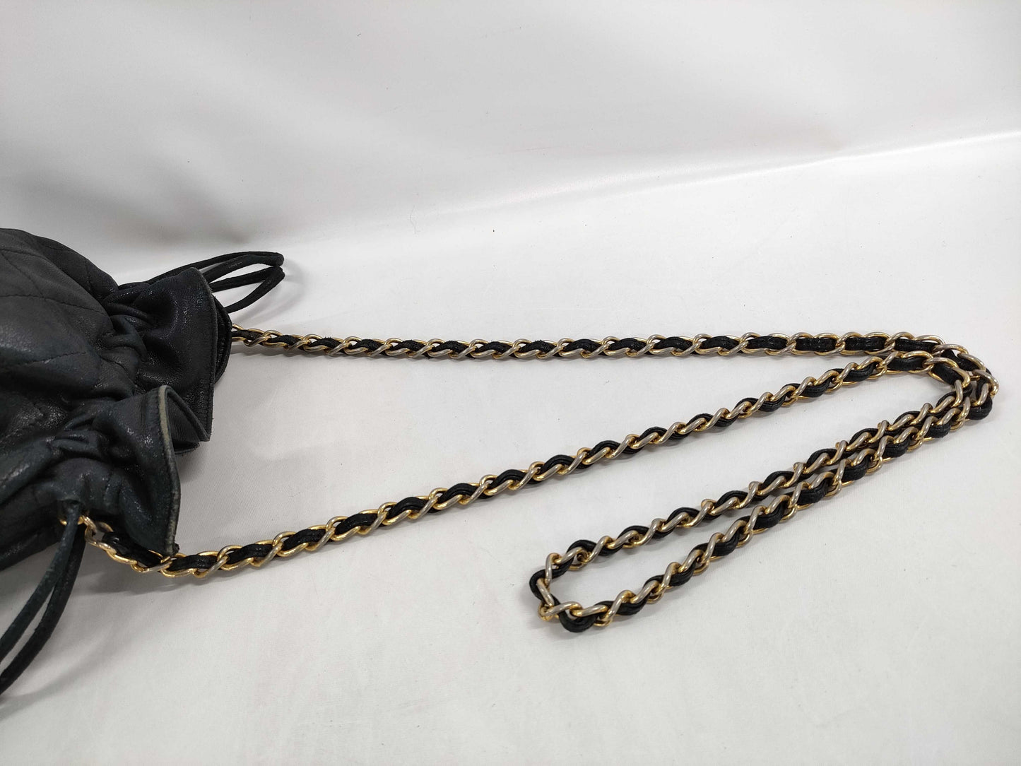 CHANEL Lamb Drawstring Pouch Chain Shoulder Bag Black 0753387