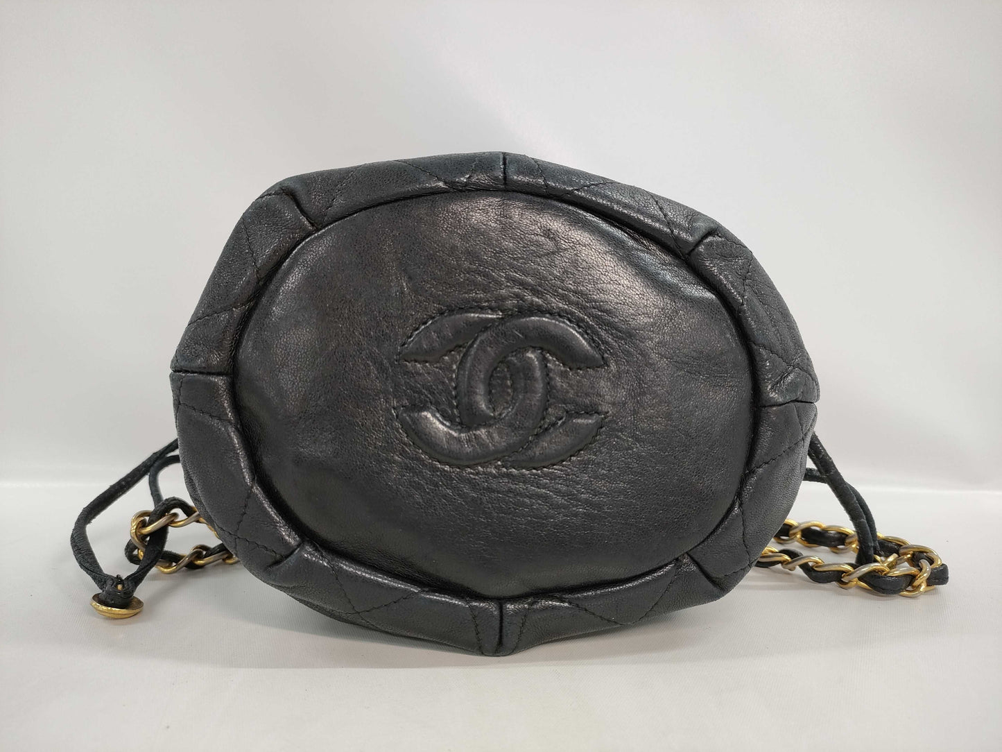 CHANEL Lamb Drawstring Pouch Chain Shoulder Bag Black 0753387