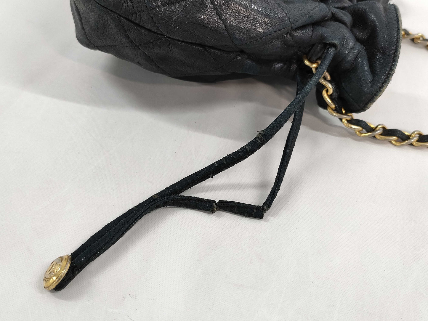 CHANEL Lamb Drawstring Pouch Chain Shoulder Bag Black 0753387