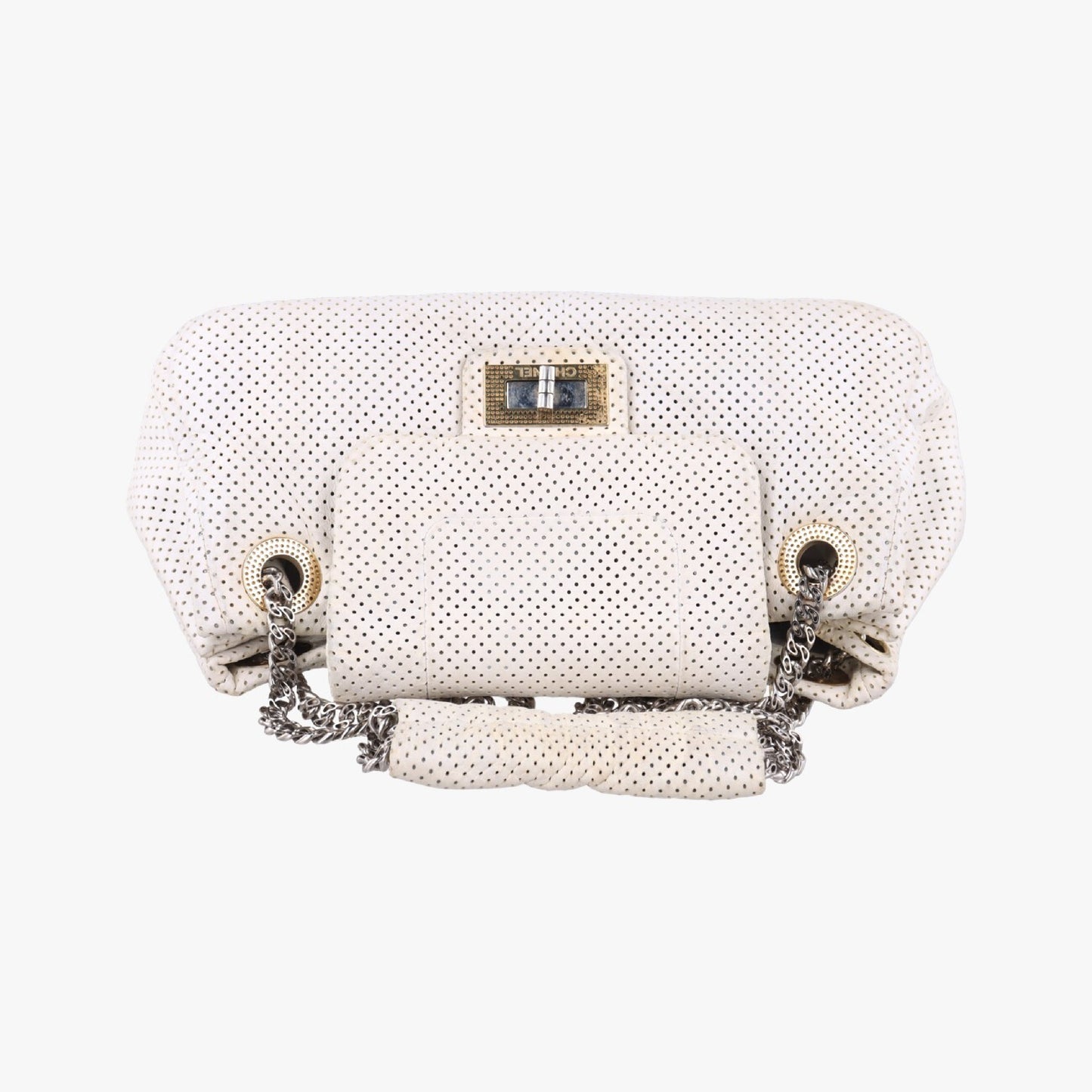 CHANEL 2.55 Perforated White Lambskin Shoulder Bag A3756112074055
