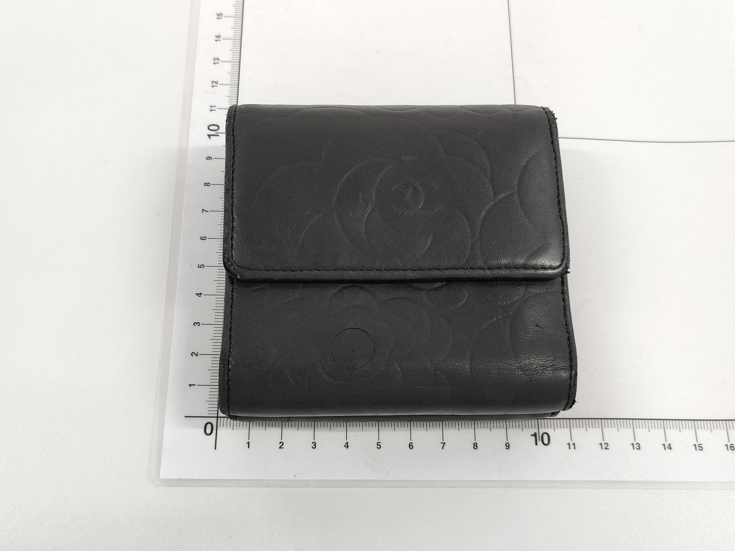 CHANEL Camellia Coco Mark Black Leather Compact Wallet