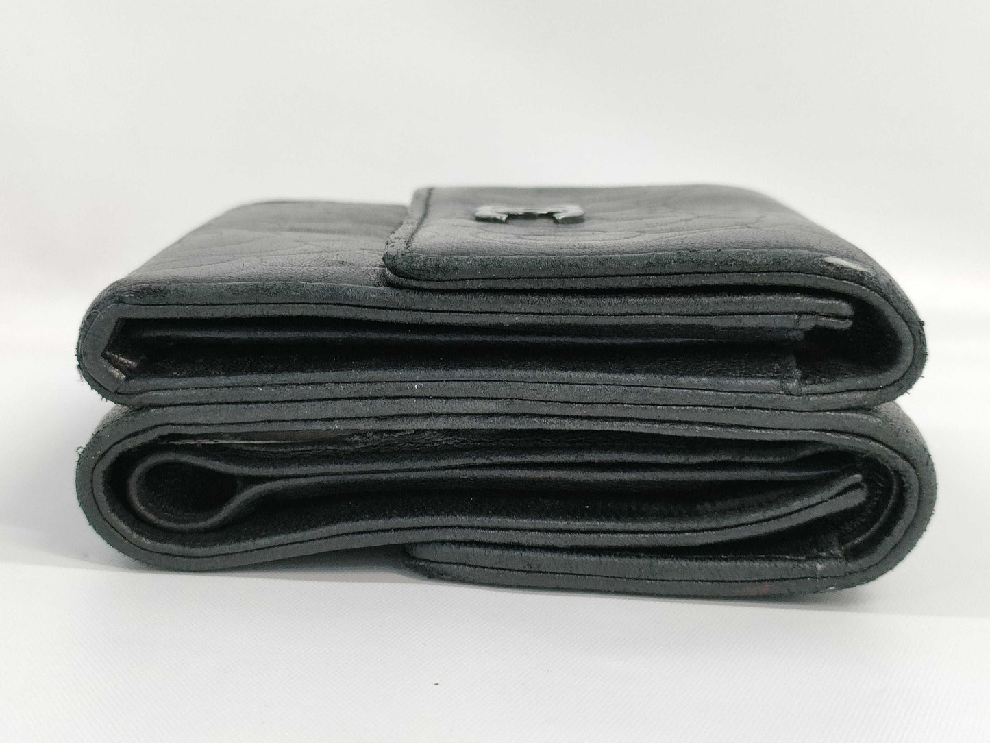 CHANEL Camellia Coco Mark Black Leather Compact Wallet
