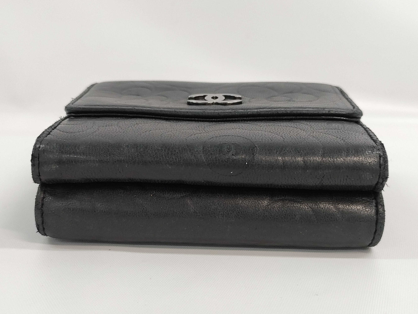 CHANEL Camellia Coco Mark Black Leather Compact Wallet