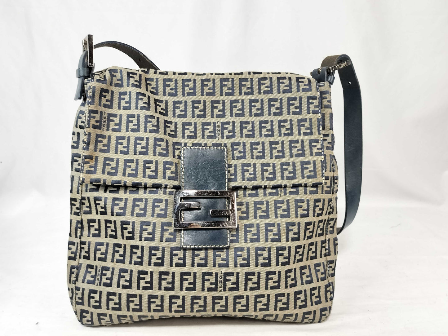FENDI Zucchino Canvas and Leather One-Shoulder Bag Beige and Navy