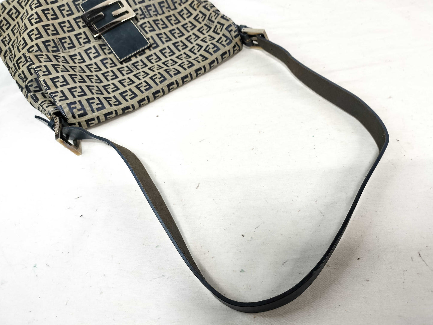 FENDI Zucchino Canvas and Leather One-Shoulder Bag Beige and Navy