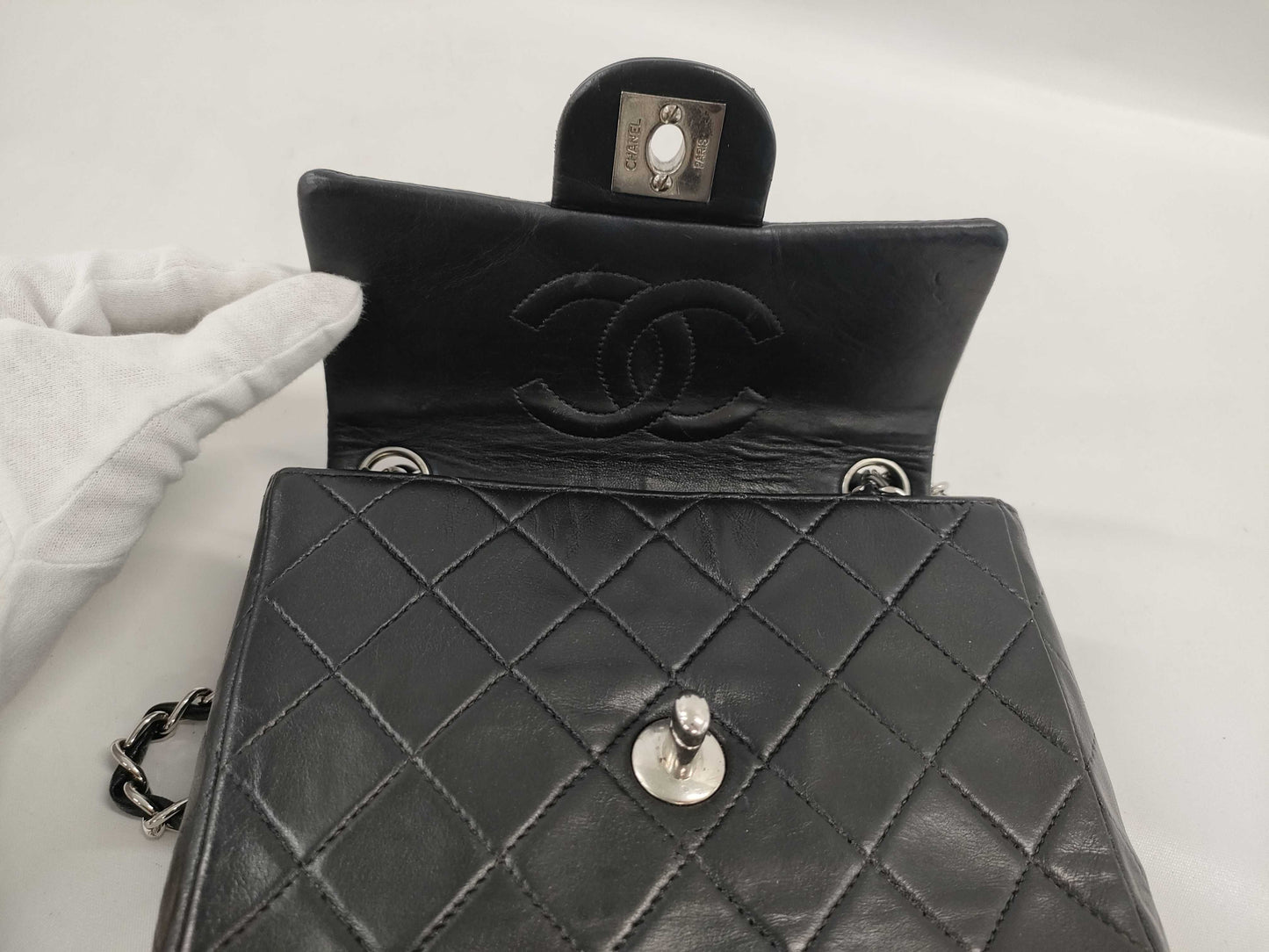 CHANEL Mini Matelasse Chain Shoulder Bag with Silver Hardware and Lambskin in Black