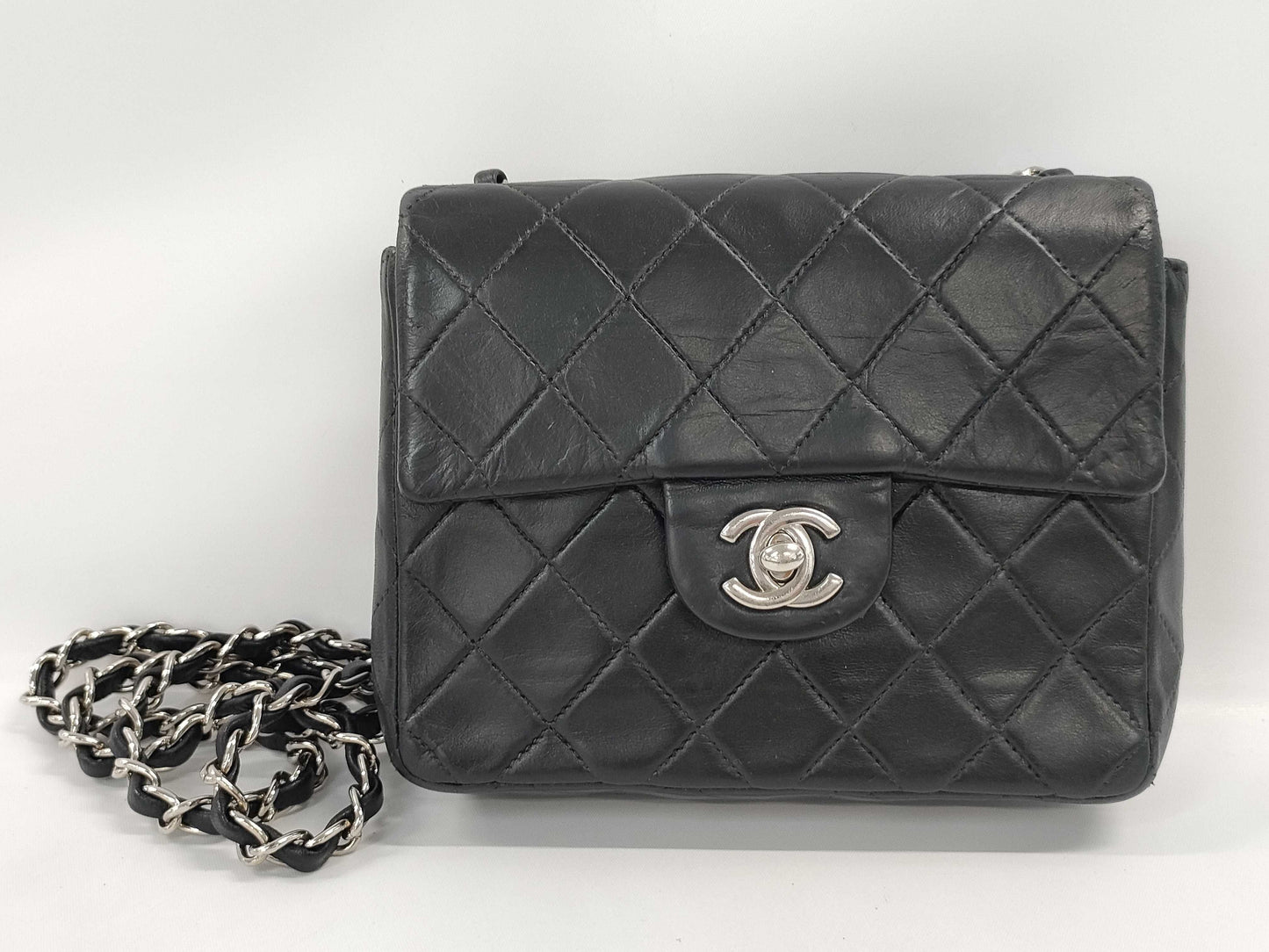 CHANEL Mini Matelasse Chain Shoulder Bag with Silver Hardware and Lambskin in Black