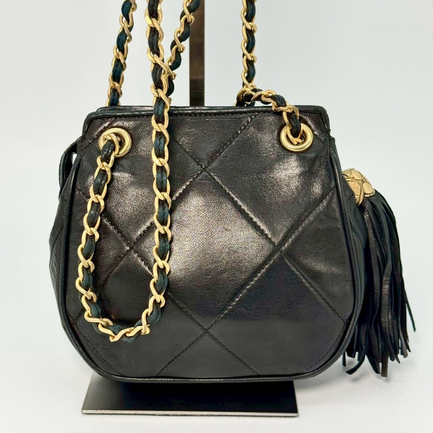 CHANEL Matelasse Lambskin Fringed Chain Shoulder Bag, Black, No Serial Number Seal