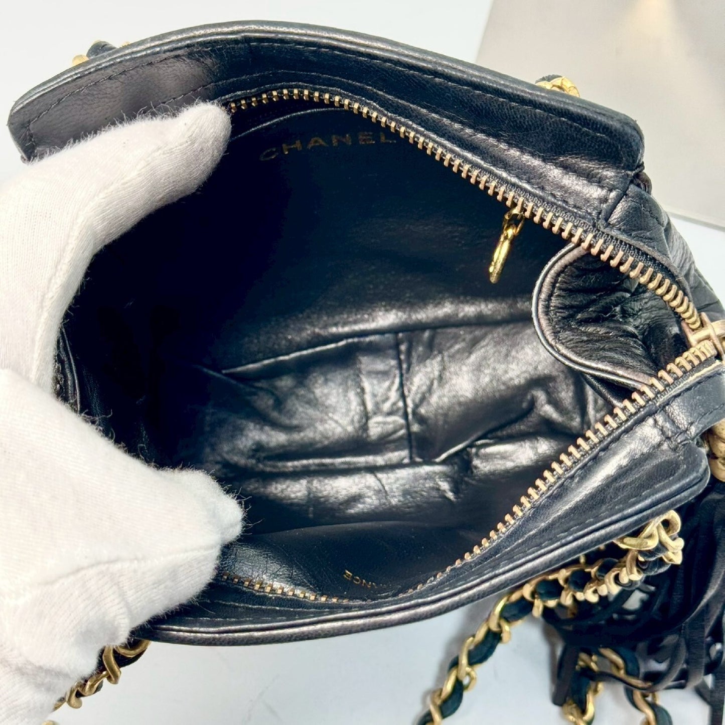 CHANEL Matelasse Lambskin Fringed Chain Shoulder Bag, Black, No Serial Number Seal
