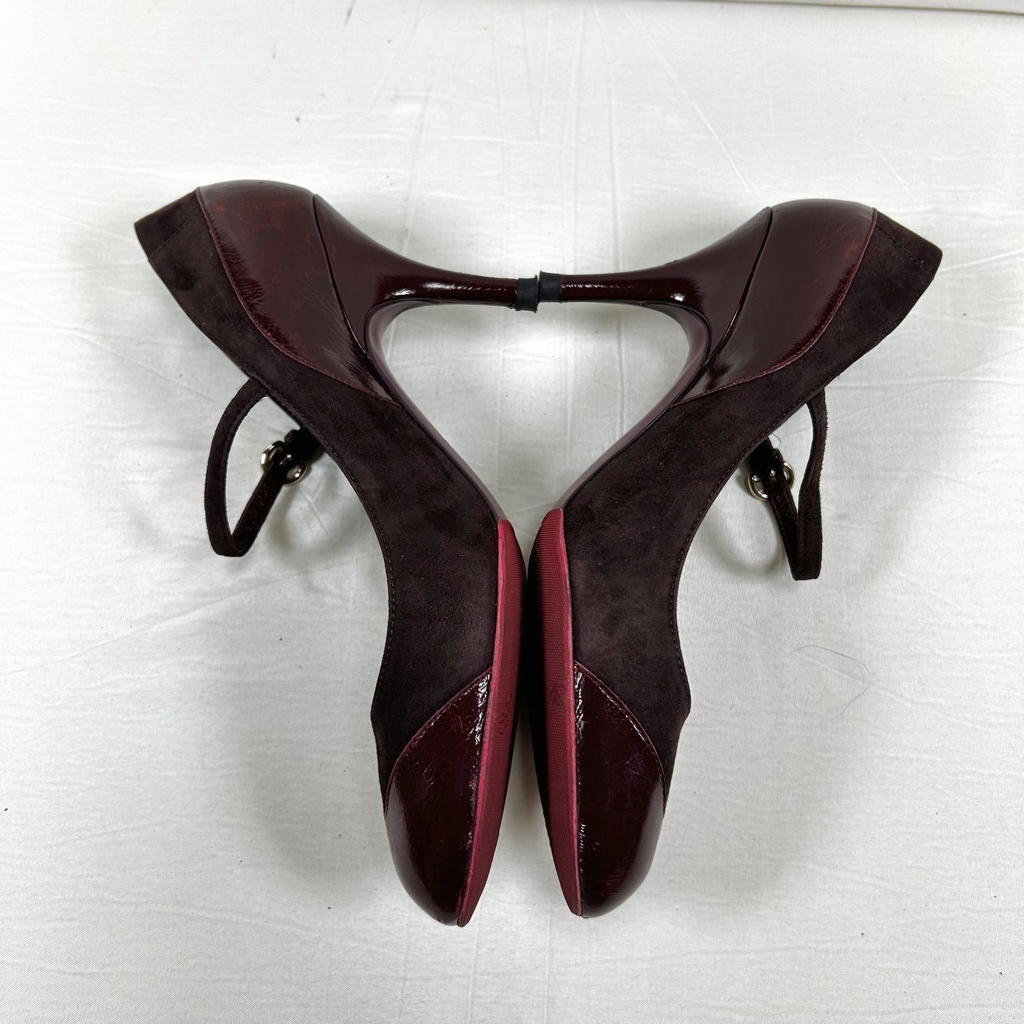 Sergio Rossi Mary Jane Pumps, Size 37 1/2, Suede and Patent Leather, Burgundy