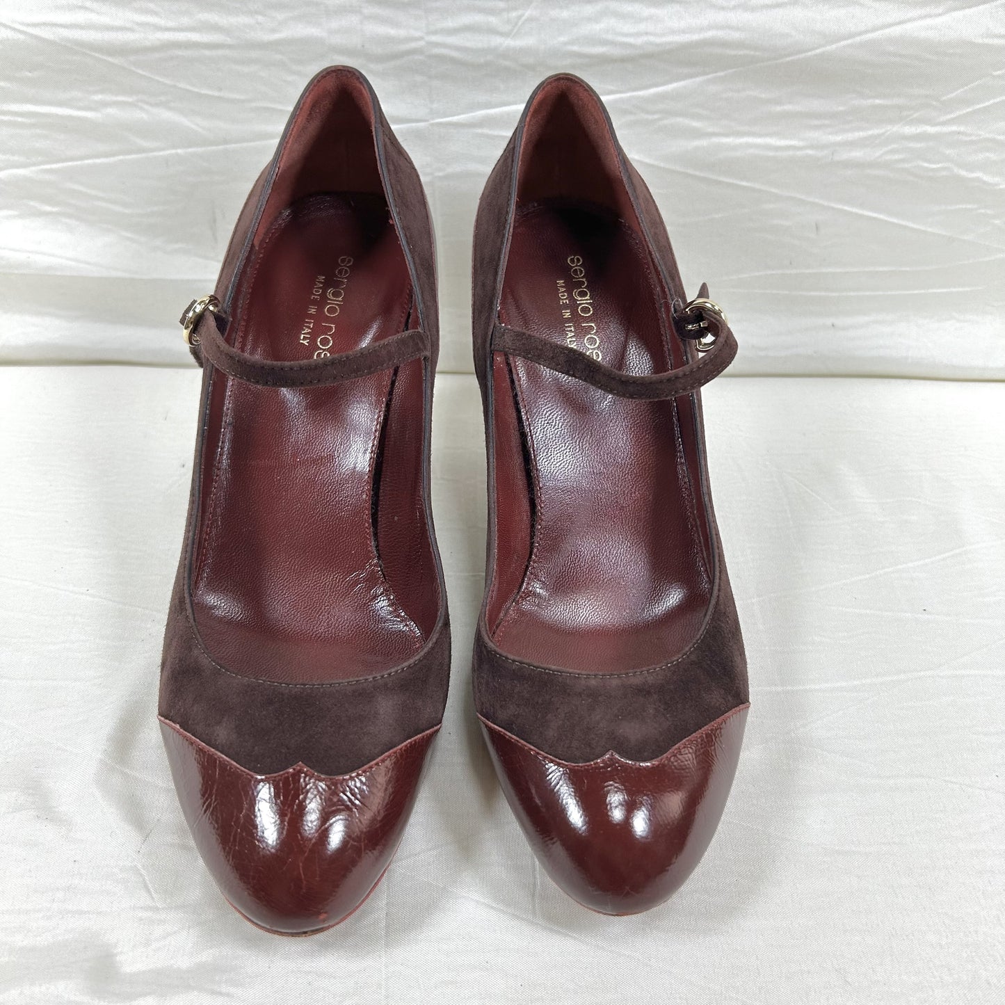 Sergio Rossi Mary Jane Pumps, Size 37 1/2, Suede and Patent Leather, Burgundy