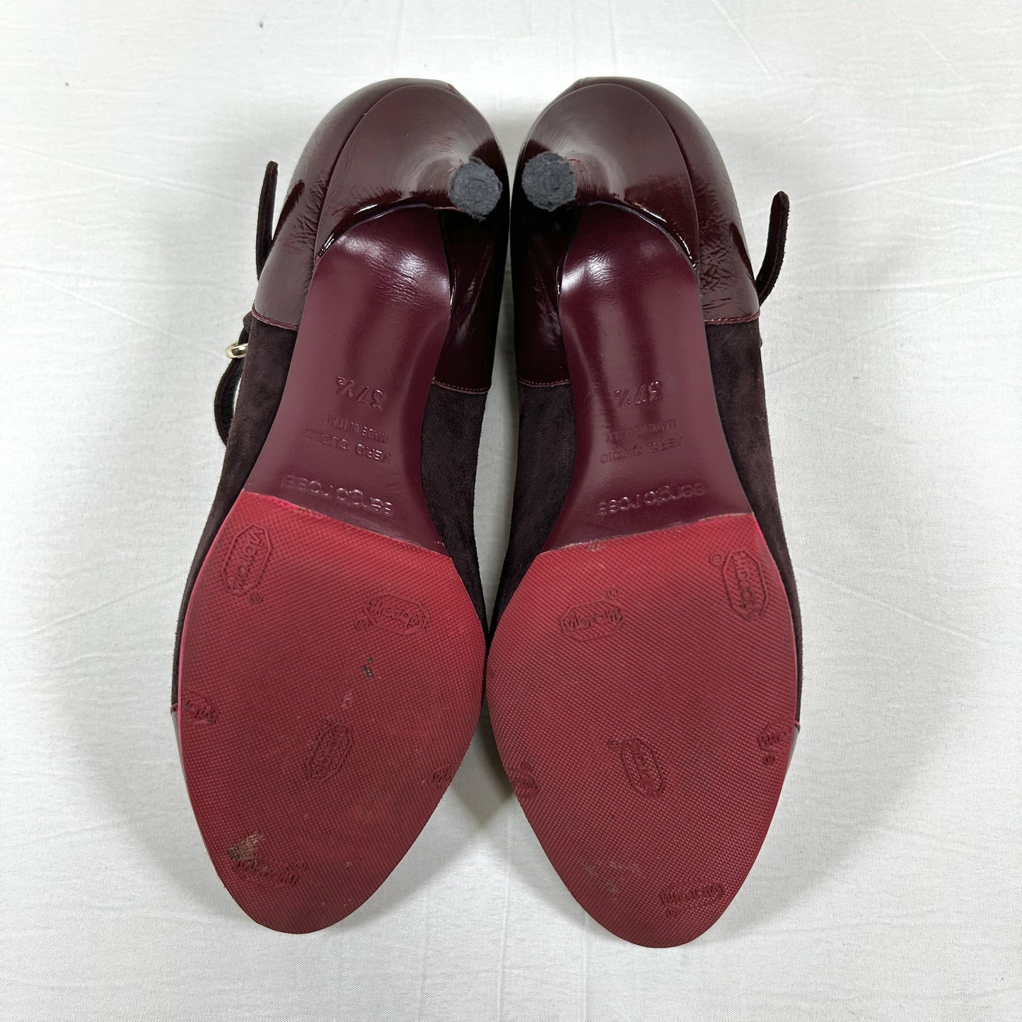 Sergio Rossi Mary Jane Pumps, Size 37 1/2, Suede and Patent Leather, Burgundy