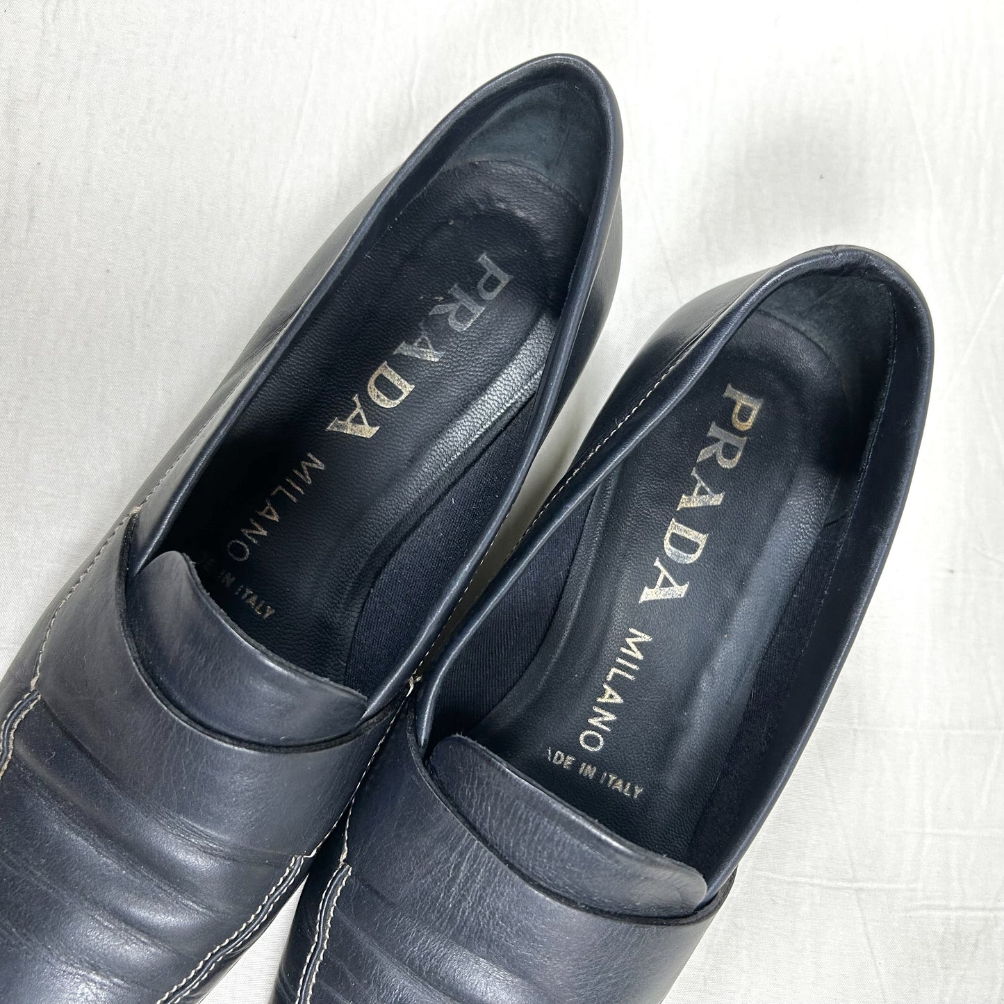 PRADA PRADA Square Toe Loafers, Size 36 1/2, Navy