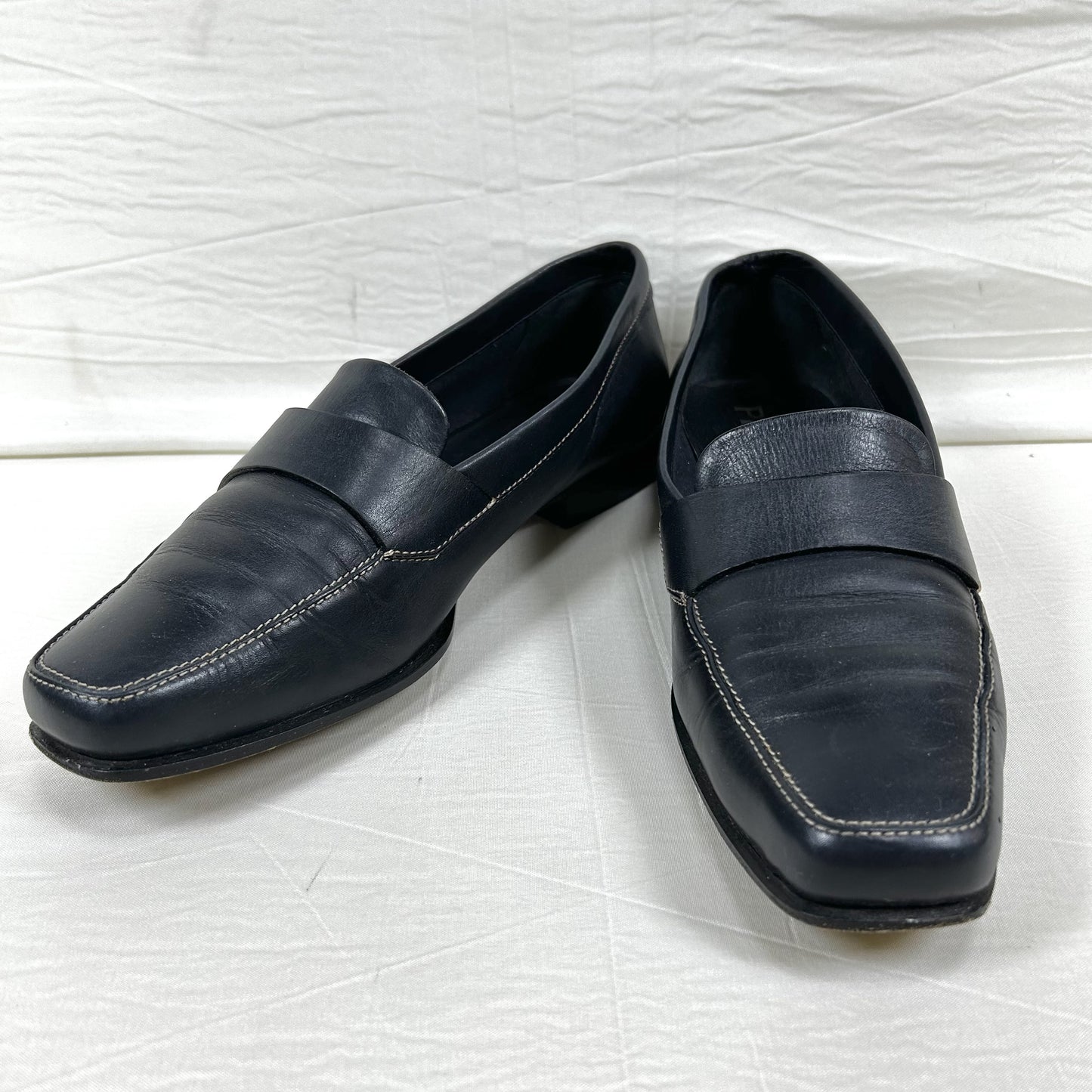 PRADA PRADA Square Toe Loafers, Size 36 1/2, Navy
