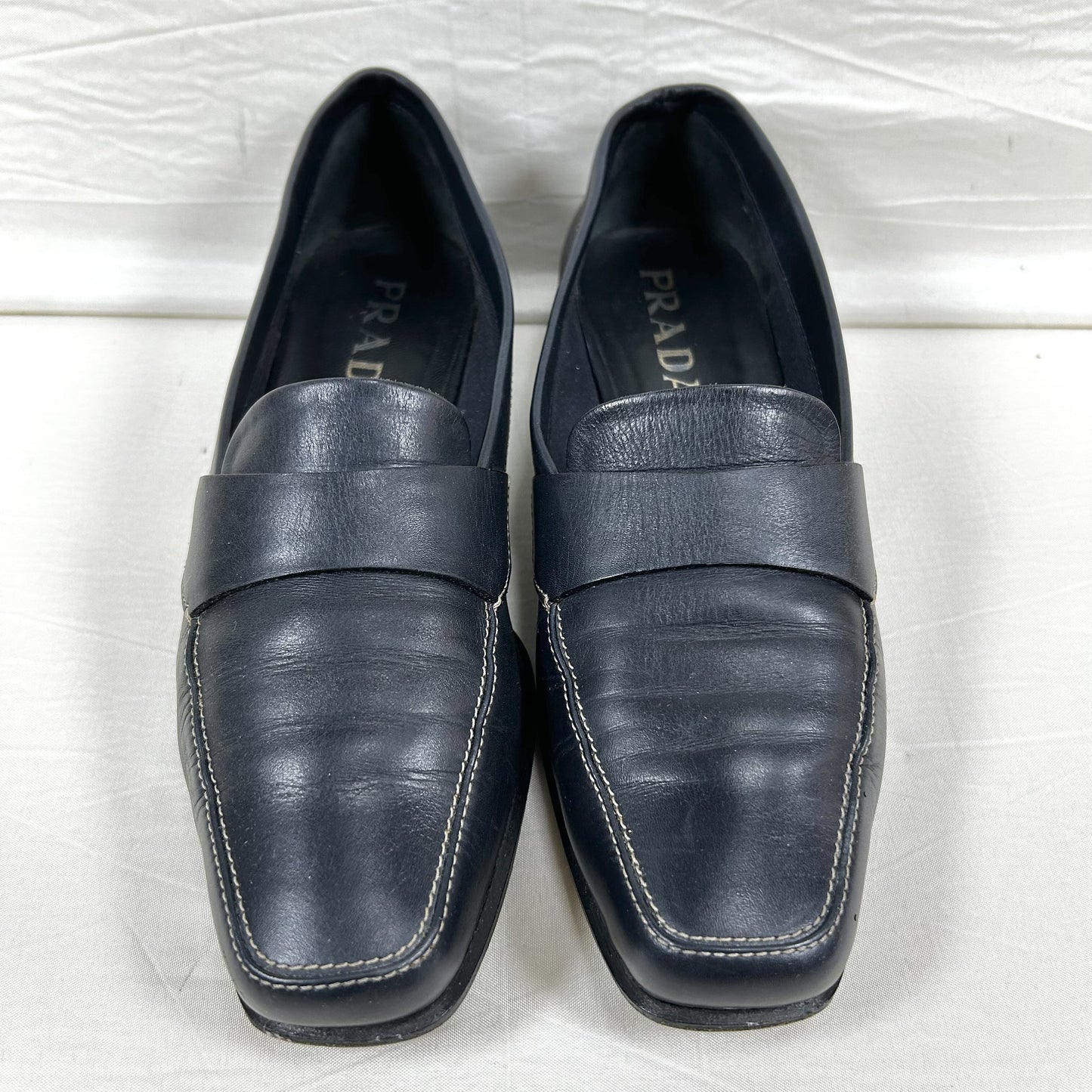 PRADA PRADA Square Toe Loafers, Size 36 1/2, Navy