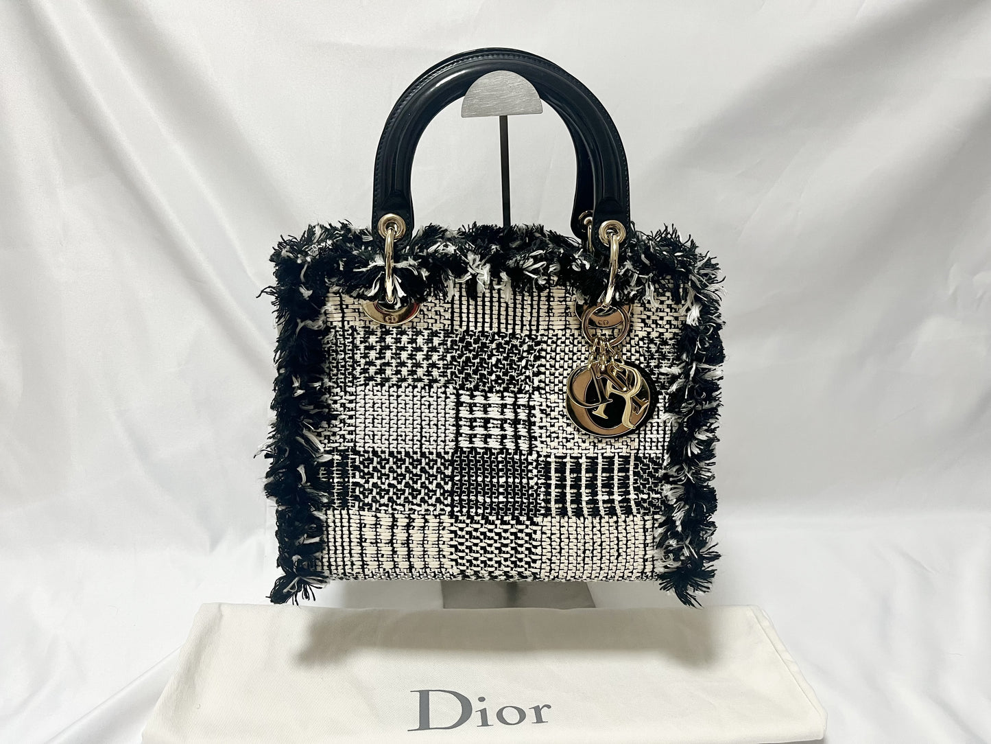 Dior Lady Dior Patent Leather Tweed 2-Way Handbag Black