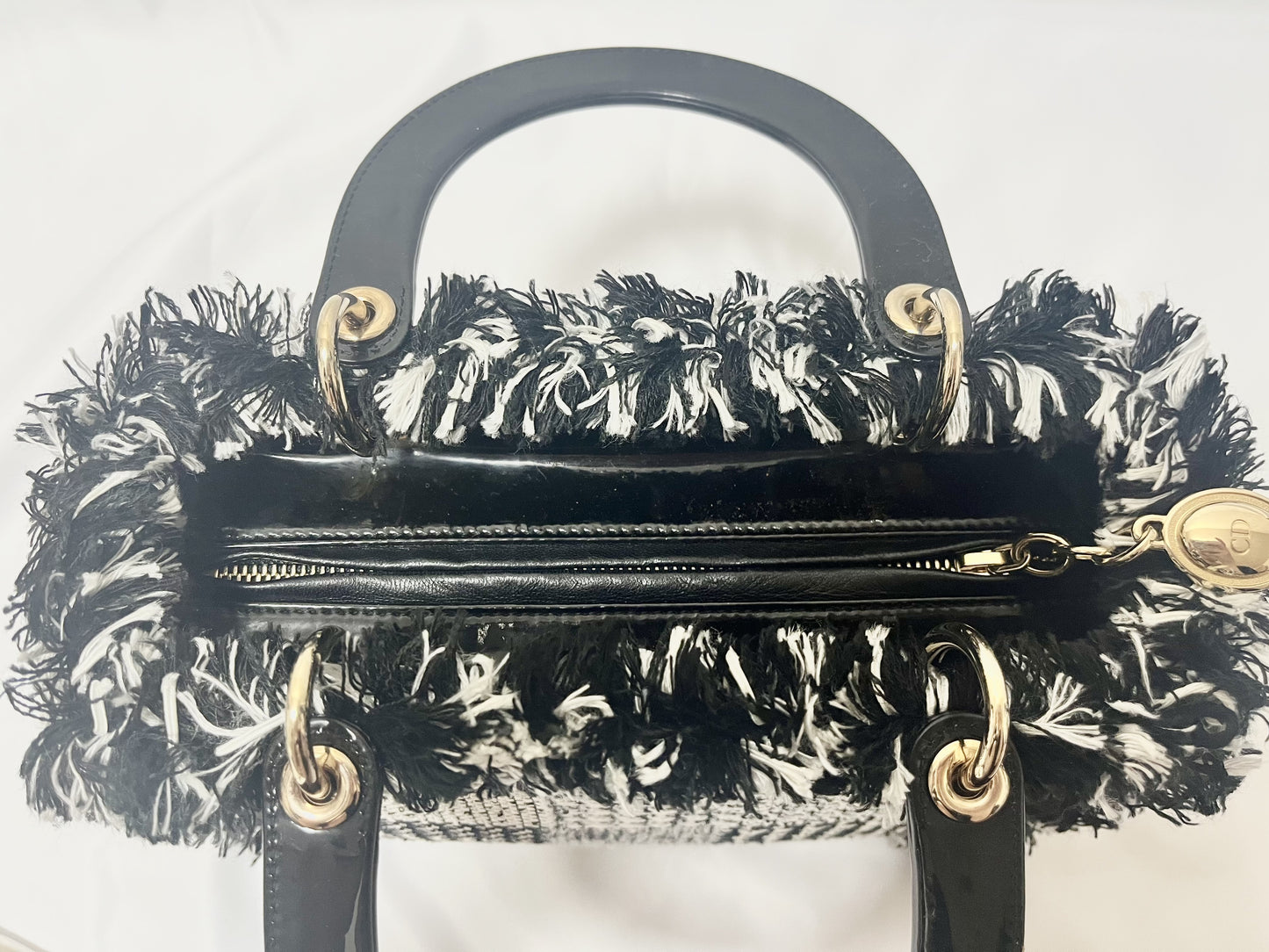 Dior Lady Dior Patent Leather Tweed 2-Way Handbag Black