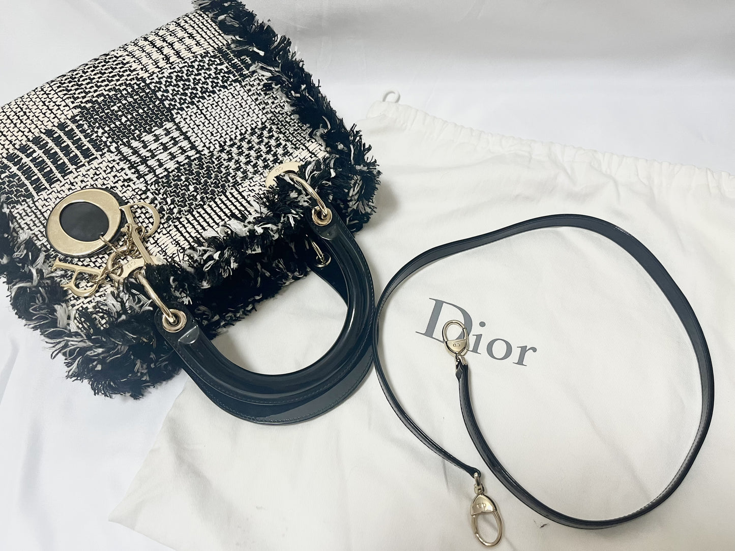 Dior Lady Dior Patent Leather Tweed 2-Way Handbag Black