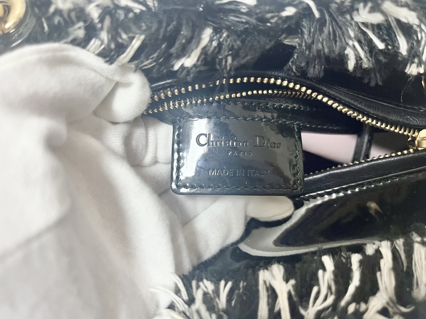 Dior Lady Dior Patent Leather Tweed 2-Way Handbag Black